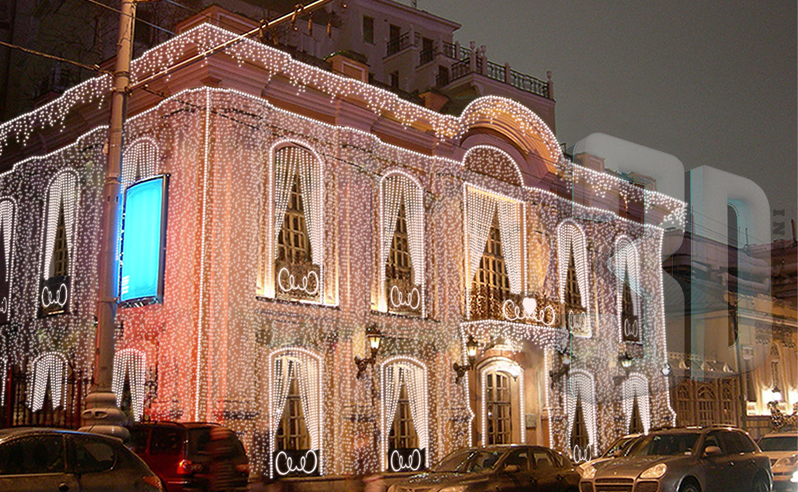 Новогоднее световое оформление фасада ресторана Пушкин
