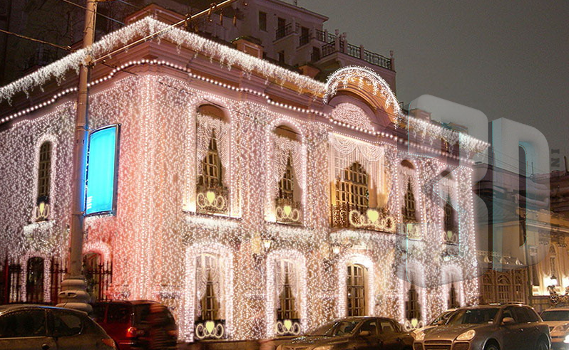 Новогоднее световое оформление фасада ресторана Пушкин